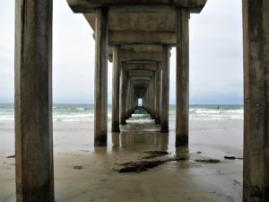 SIO Pier underneath pilings wet sandy shore