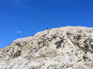 Paraglider Blacks Beach sandstone cliffs