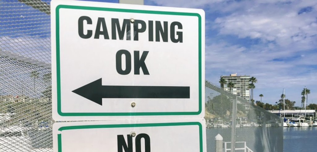 Oceanside Harbor camping signs parking lot