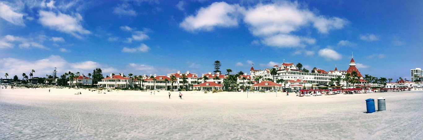 Hotel del Coronado Panoramic sandy beach blue sky